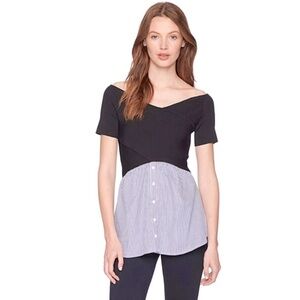 Nicole Miller New York V-neck Sweater Blouse Black Blue & White, Size Large